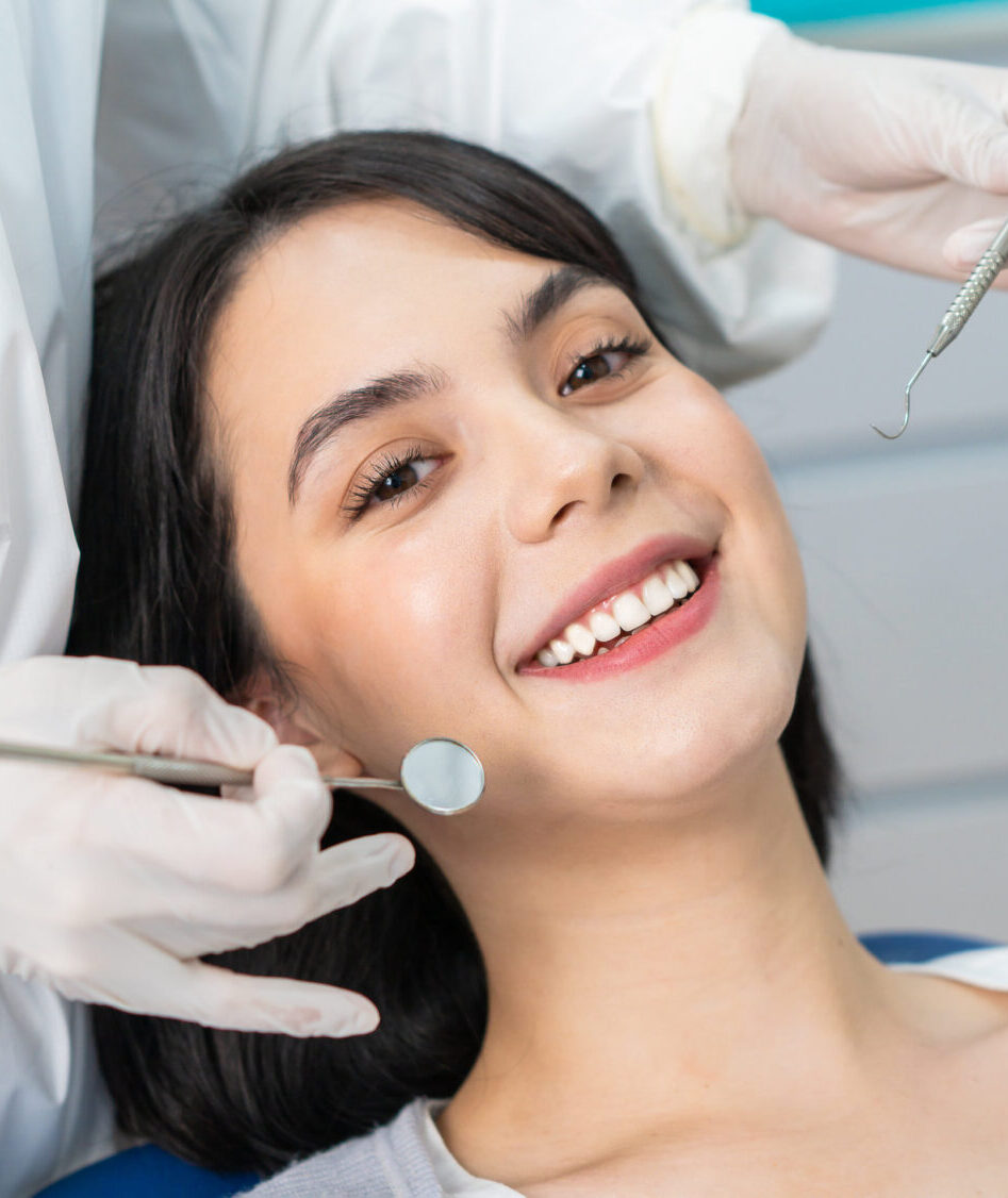 Portrait of Caucasian girl patient smiling ready for oral care checkup