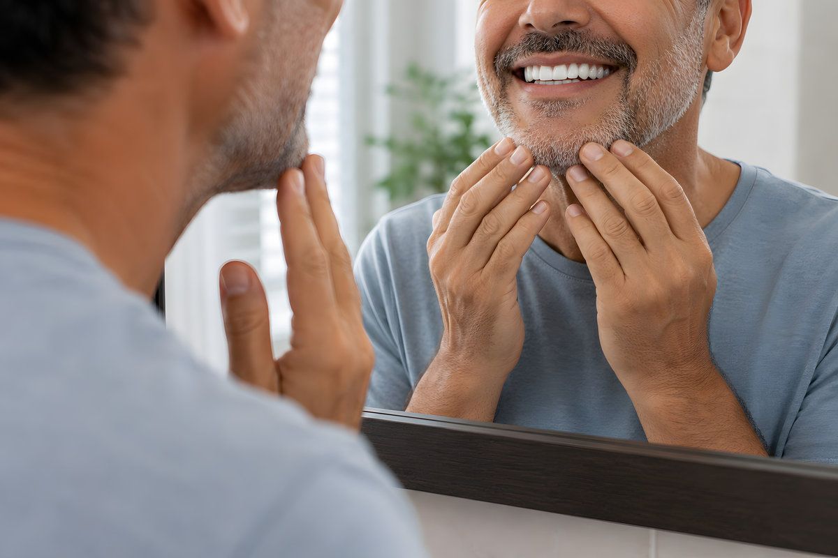 Man grooming beard in mirror
