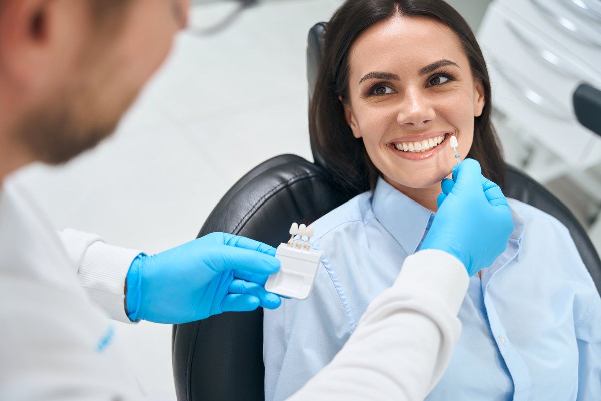 Dentist assessing patient's smile shade